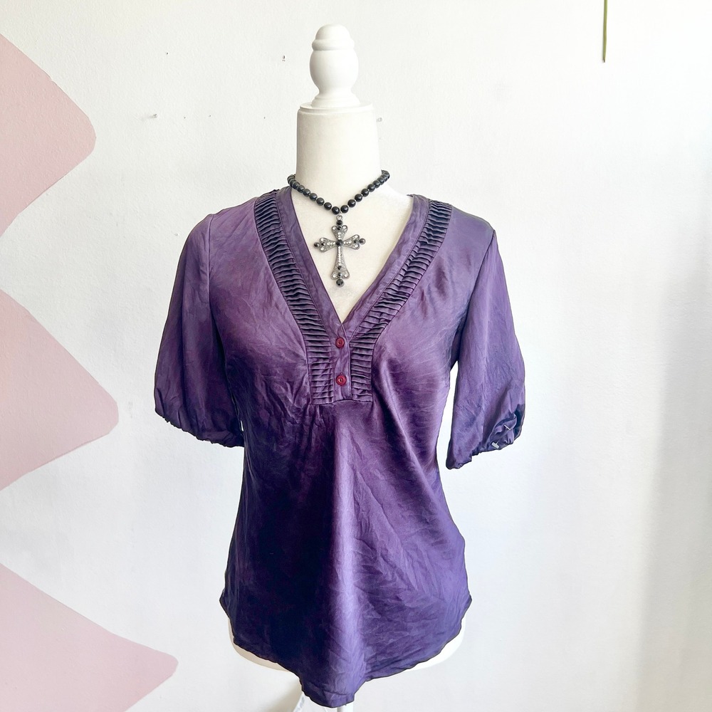 Thomas Pink Purple 100% Silk Blouse Pleated V Neck Short‎ Sleeve Women's 8